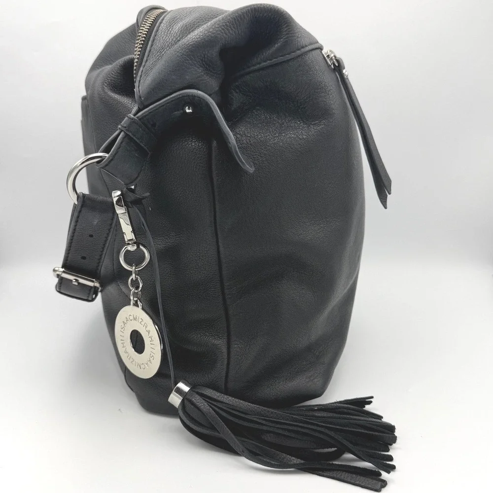 Isaac Mizrahi Hobo Bag Womens Large Black Pebbled Leather Tassel Shoulder Bag